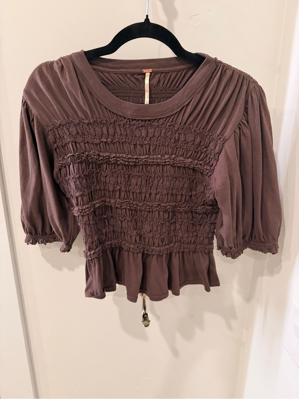 Free People Dusky Brown Smocked Peplum Blouse